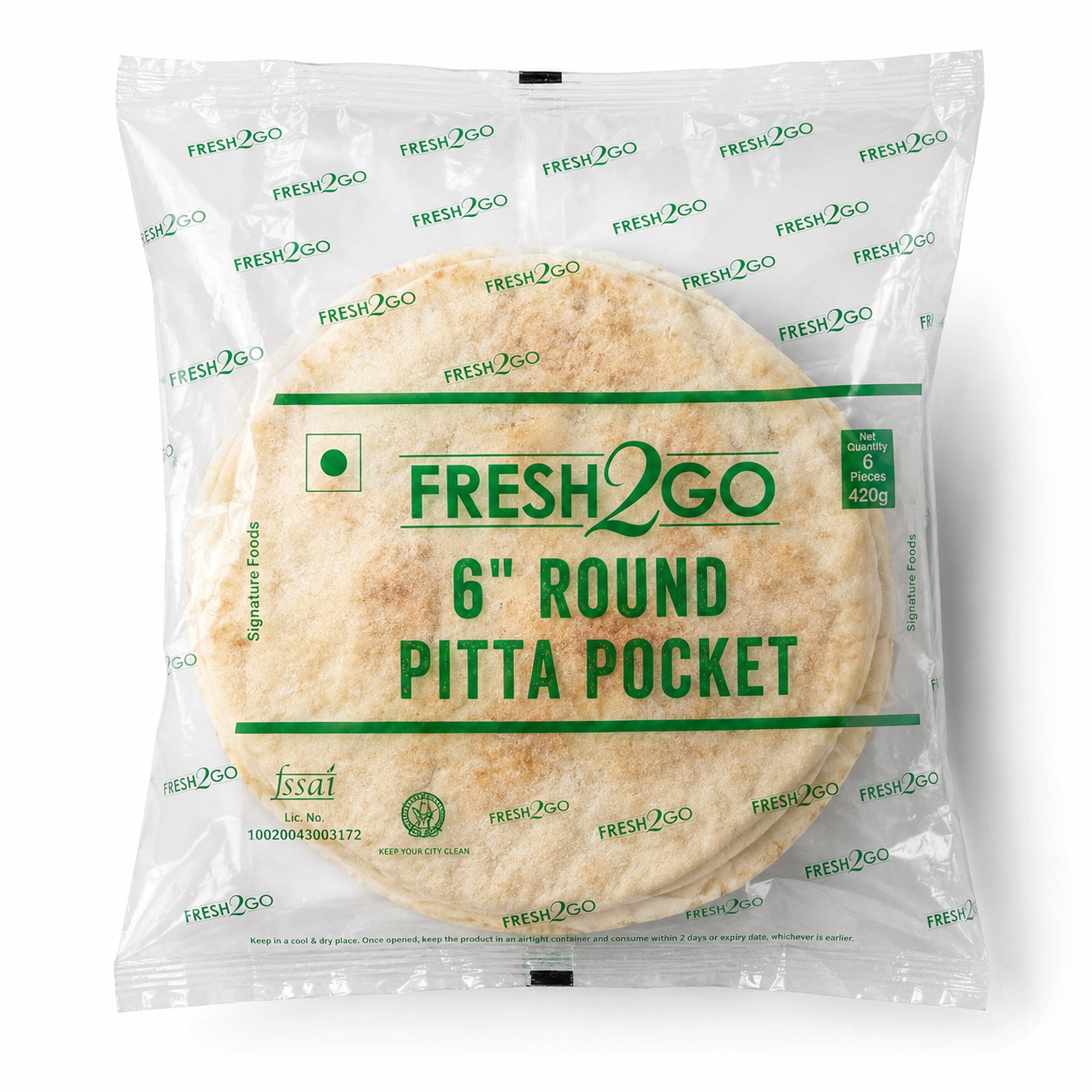 Fresh2Go 6 Inch Frozen Pita Pocket Round 6 Pieces Pack