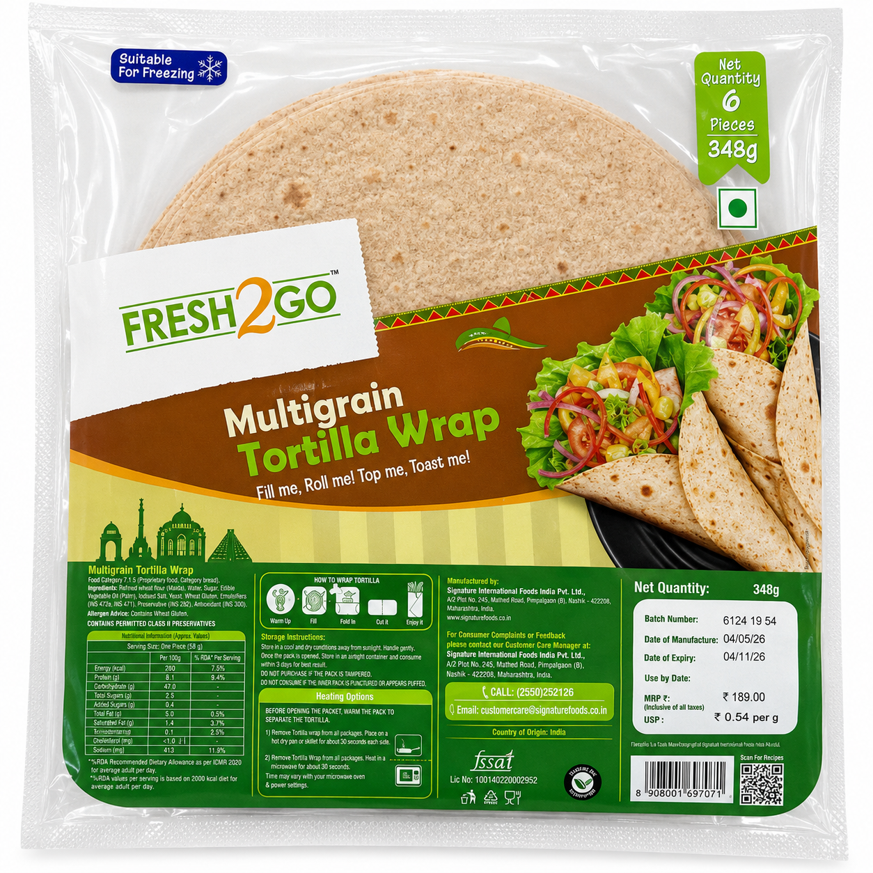 Fresh2Go Premium 8 Inch Multigrain Tortilla Wrap 6 Pieces Pack