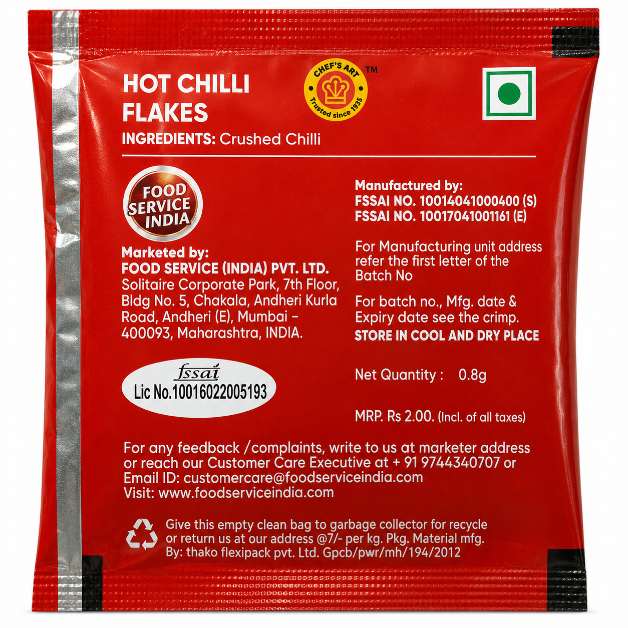 Chefsart Chilli Flakes Sachets 0.8g × 300 Pieces Pack 1