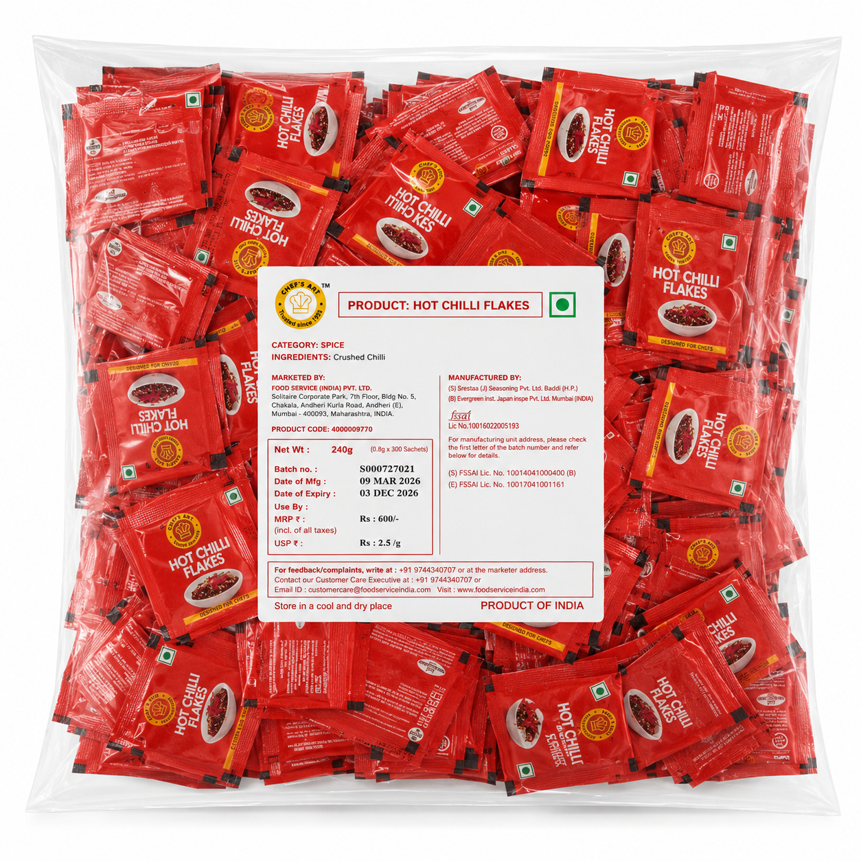 Chefsart Chilli Flakes Sachets 0.8g × 300 Pieces Pack full
