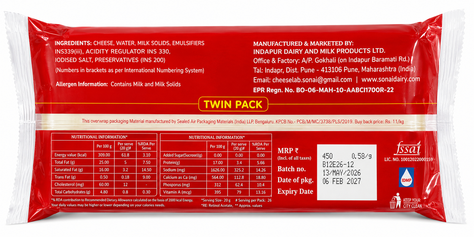 Derista Processed Cheese Slices 52 Slices 780g Pack Back