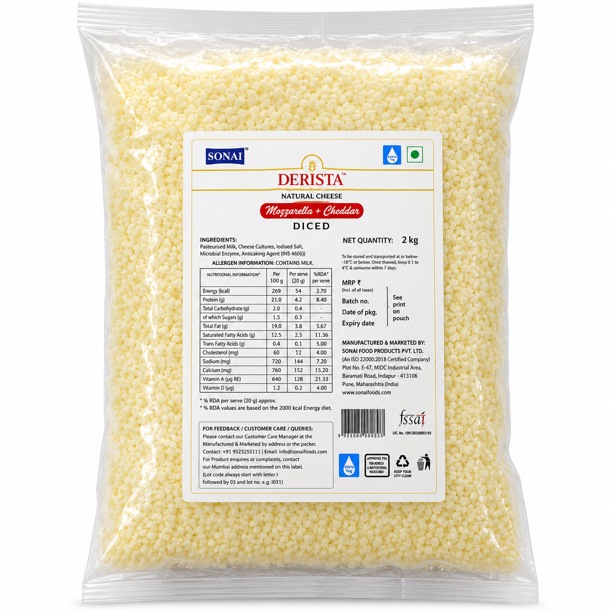 Derista Monterey Jack Cheese Diced 2kg Pack