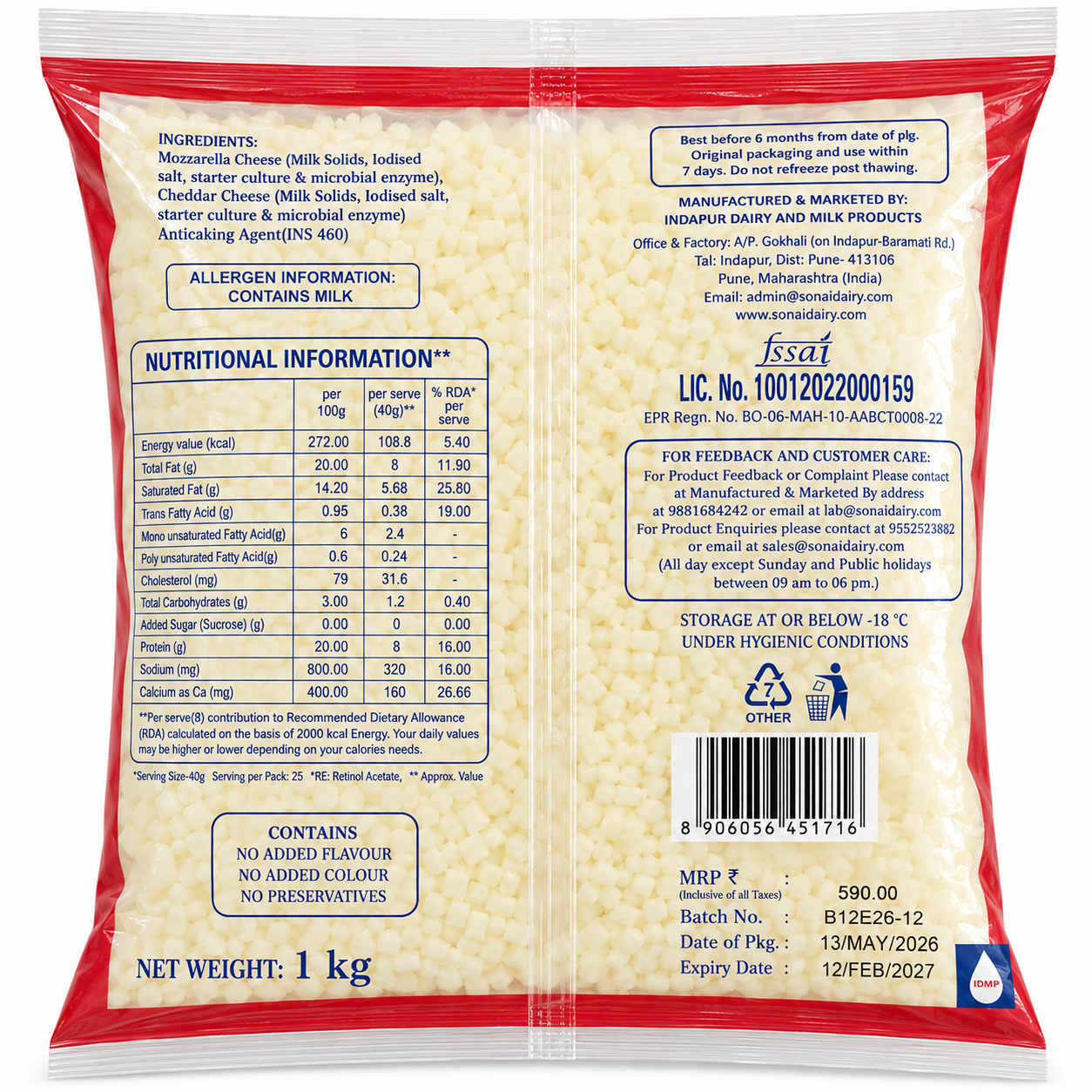 Derista Mozzarella Blend Cheese Diced 1kg Pack Back