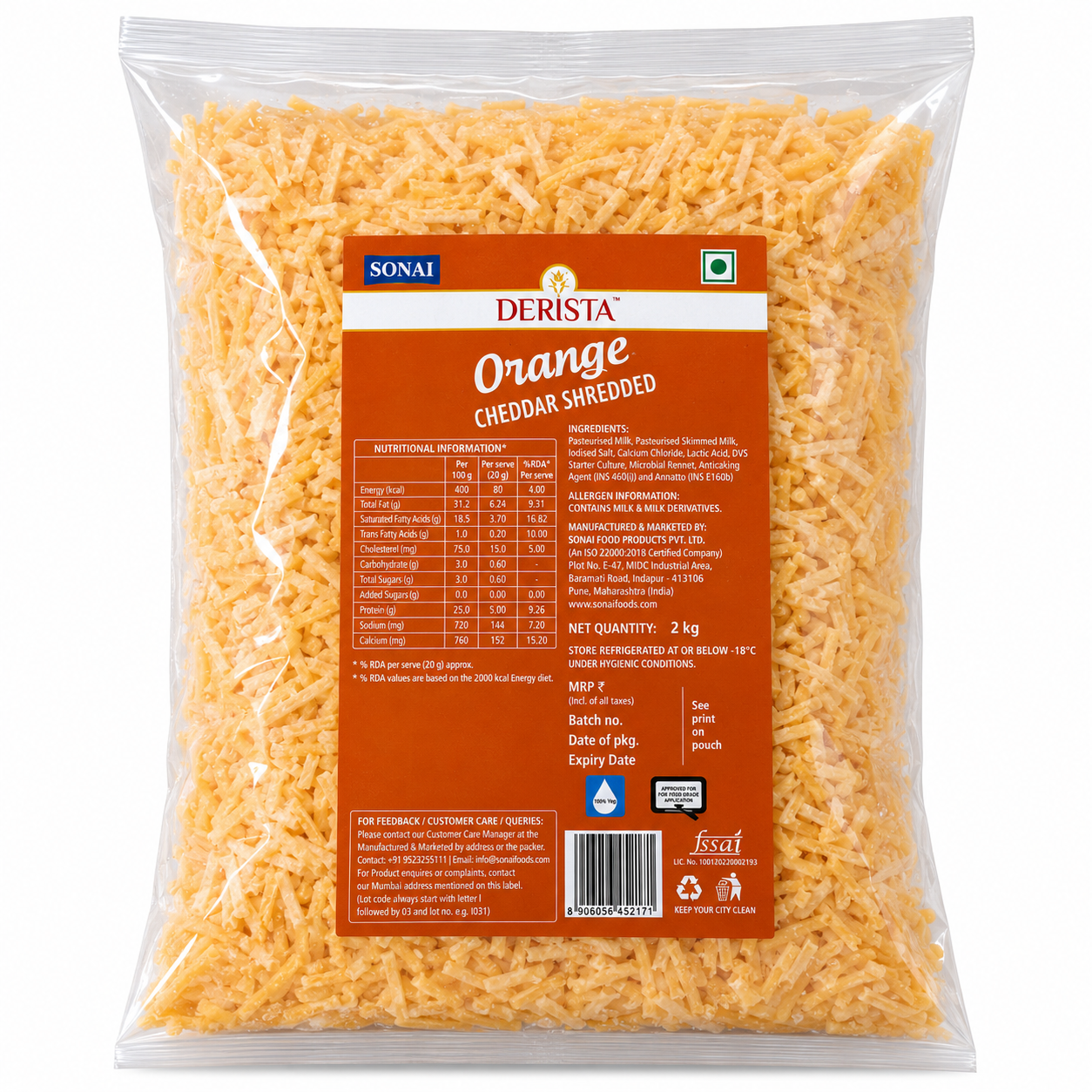 Derista Orange Cheddar Cheese Diced 2kg Pack