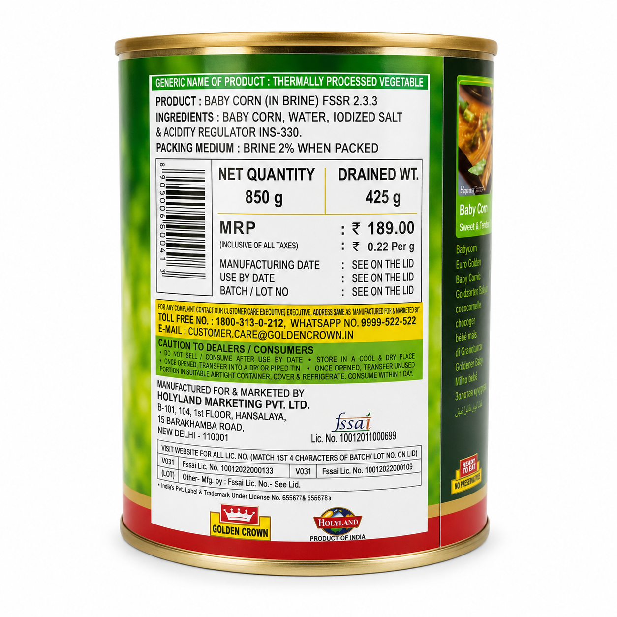 Golden Crown Baby Corn 850g Can-back