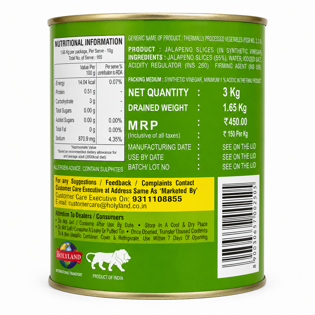 Golden Crown Jalapeño Slices 3kg Can Back