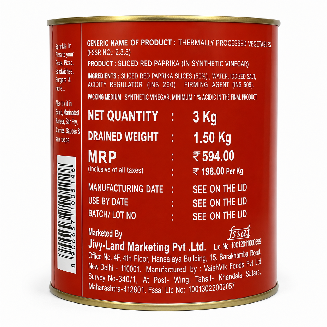 Golden Crown Red Paprika Slices 3kg Can Back