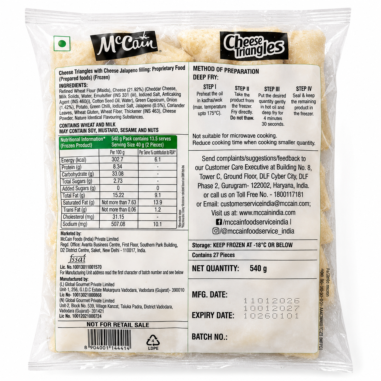 McCain Cheese Triangles with Cheese Jalapeño Filling 540g Pack Back