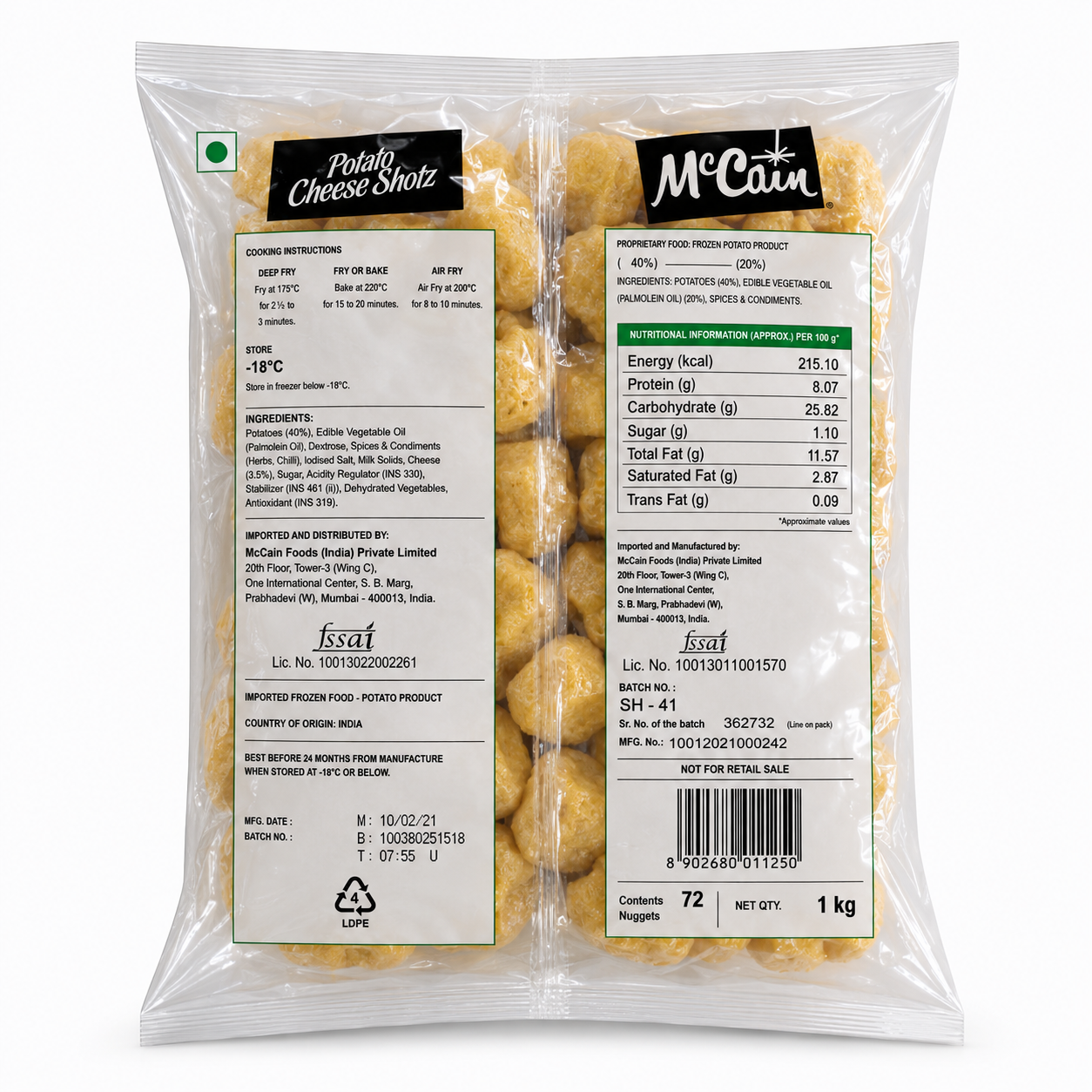 McCain Potato Cheese Shotz 1kg Frozen Pack Back