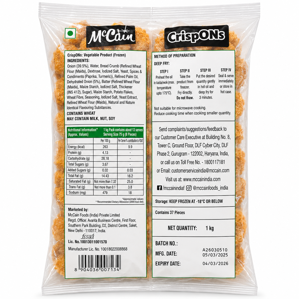 McCain Crispons 1kg Frozen Onion Ring Pack Back