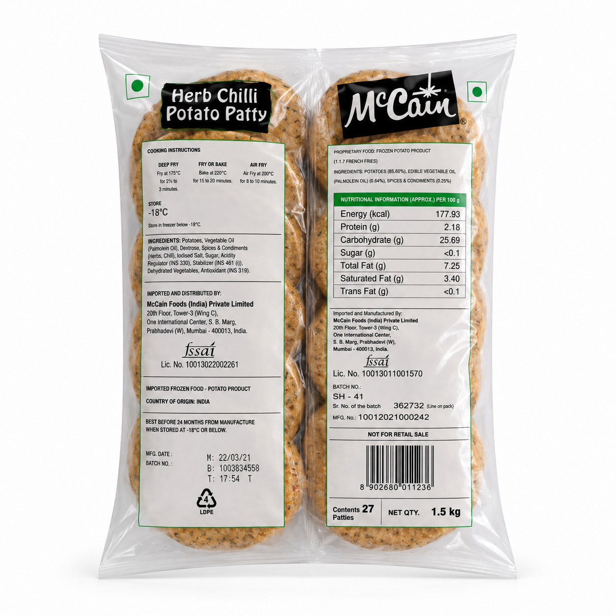 McCain Herb Chilli Potato Patty 1.5kg Frozen Pack Back