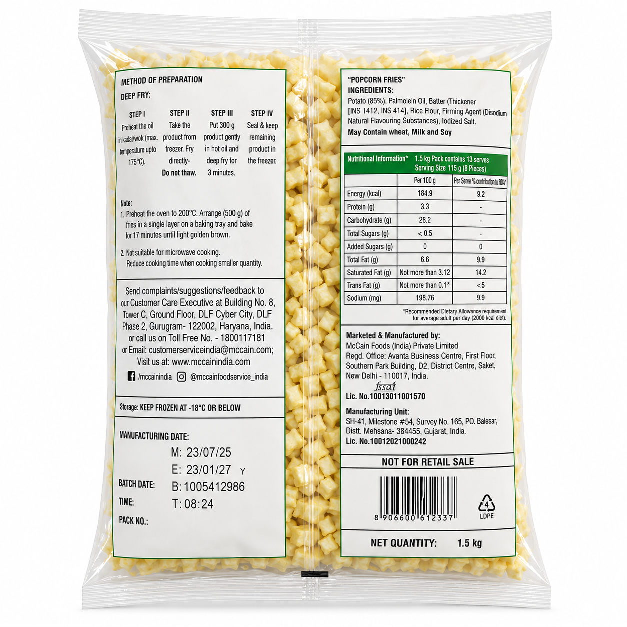 McCain Popcorn Fries 1.5kg Frozen Pack Back