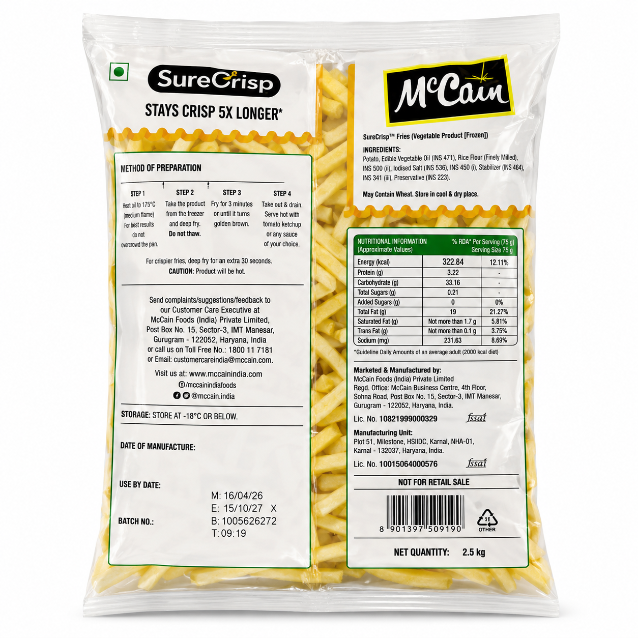 McCain SureCrisp French Fries 6mm 2.5kg Frozen Pack Back